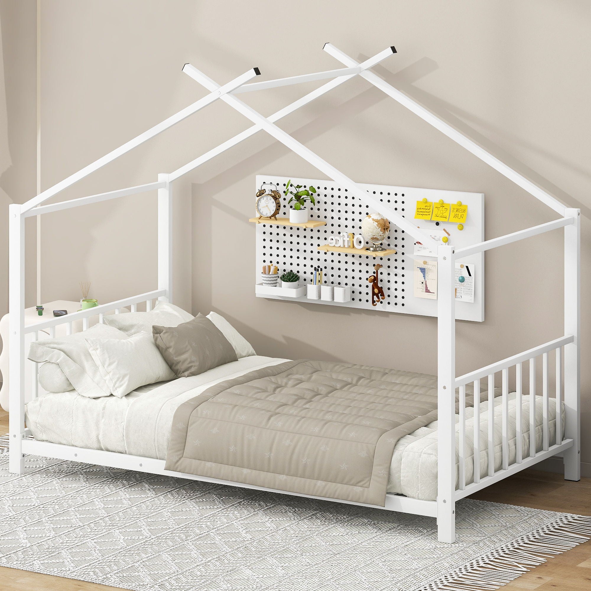 Twin Size Metal House Platform Bed - White