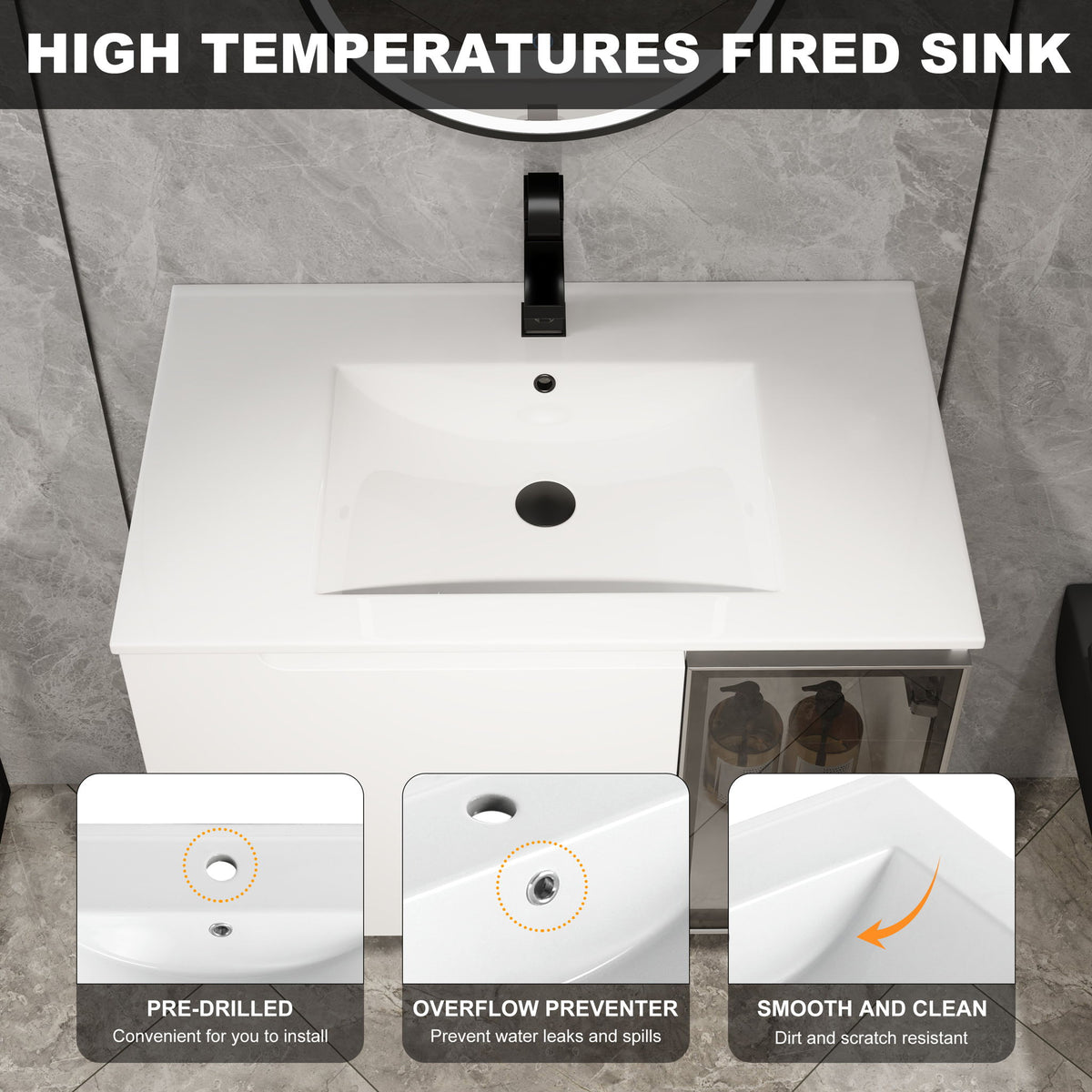Wall Mounted Bathroom Vanity With Sink, 2 Soft Close Doors, Cabinet &amp; Half Door