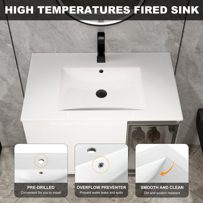 Wall Mounted Bathroom Vanity With Sink, 2 Soft Close Doors, Cabinet &amp; Half Door