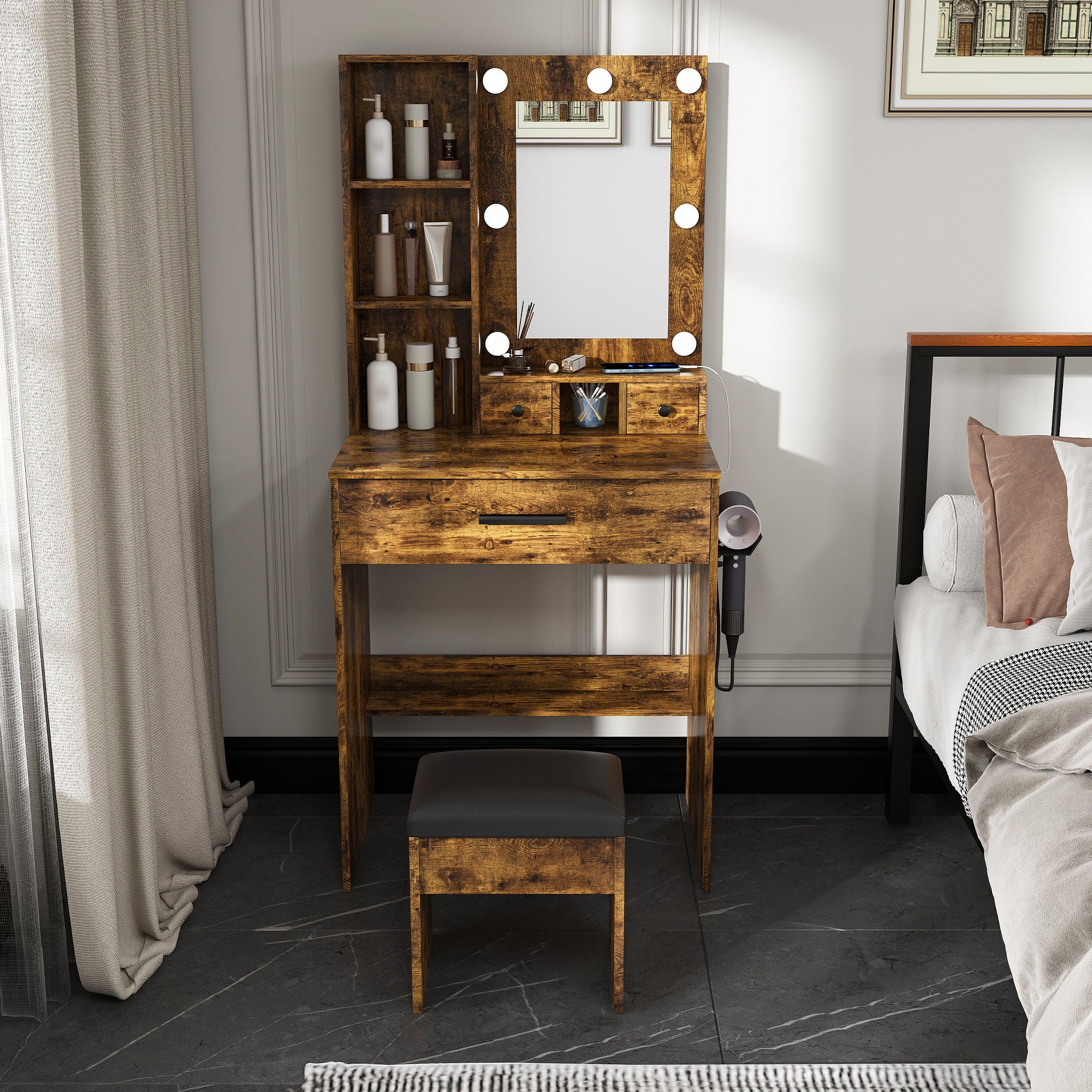 Vanity Table With Mirror, Adjustable LED Lights, Power Outlet, Hairdryer Holder &amp; Stool