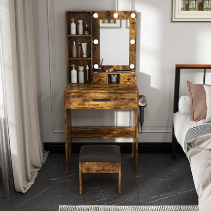 Vanity Table With Mirror, Adjustable LED Lights, Power Outlet, Hairdryer Holder &amp; Stool