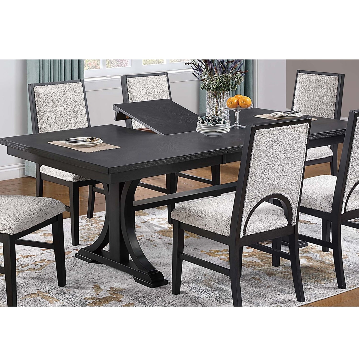 7 Piece Set, Trestle Dining Table And 6 Side Chairs With Cutout Back - Black / Charcoal / White