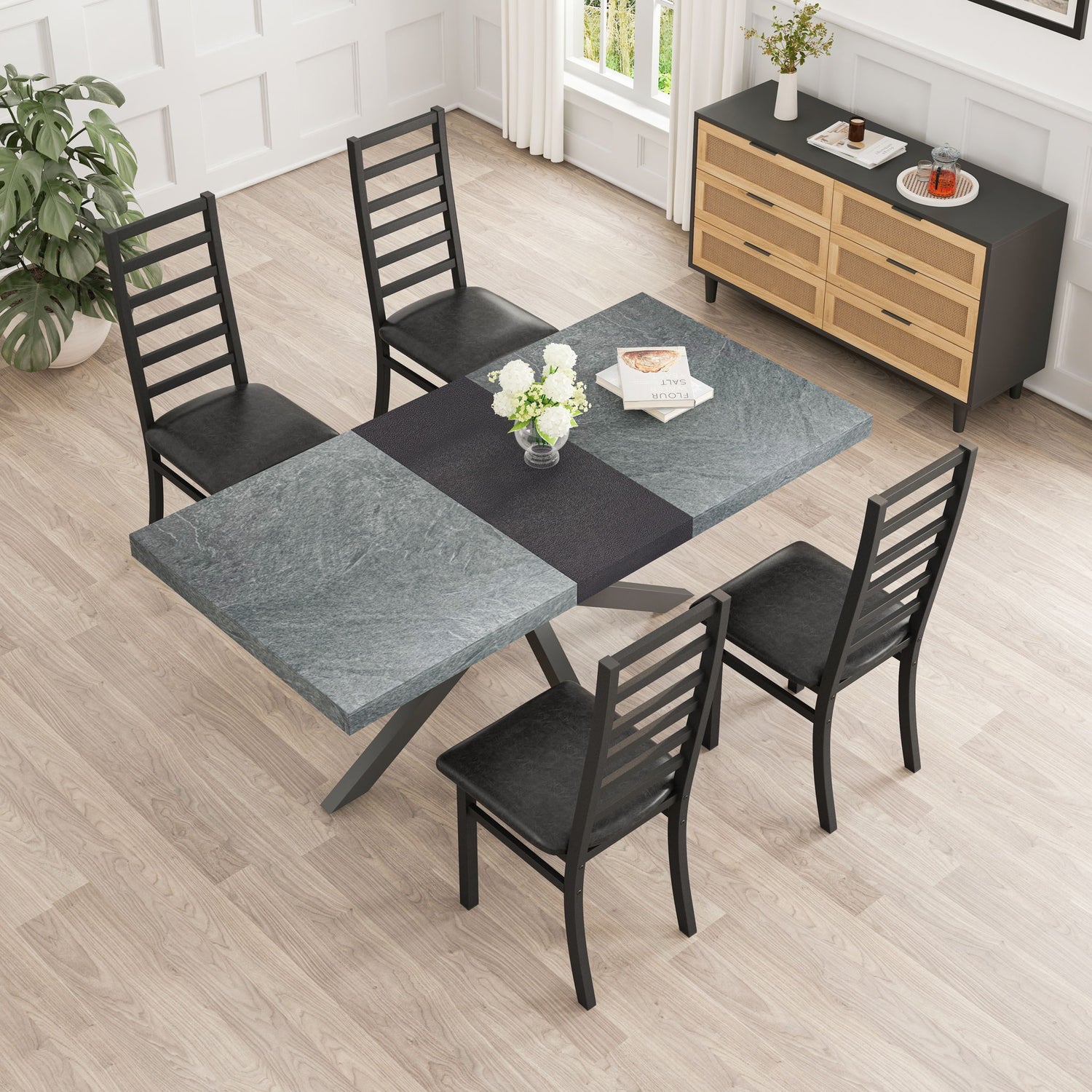 Rectangular Stretch Dining Table With 4 Chairs - Black / Gray