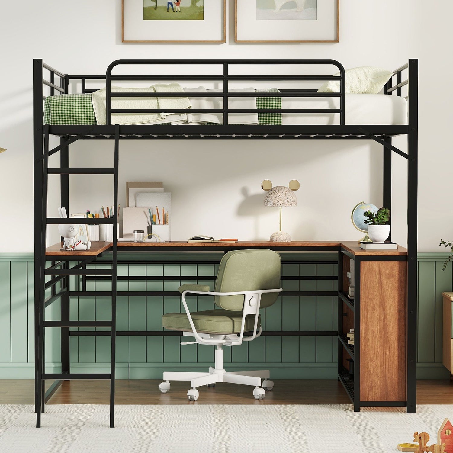 Loft Bed &amp; 3 Layers Of Shelves And L-Shaped Desk