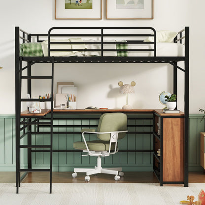 Loft Bed &amp; 3 Layers Of Shelves And L-Shaped Desk
