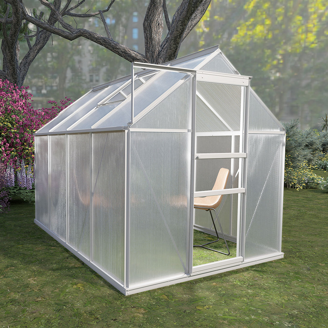 Walk-In Polycarbonate Greenhouse &amp; Roof Vent, Sliding Doors, Aluminum Hobby Hot House For Outdoor