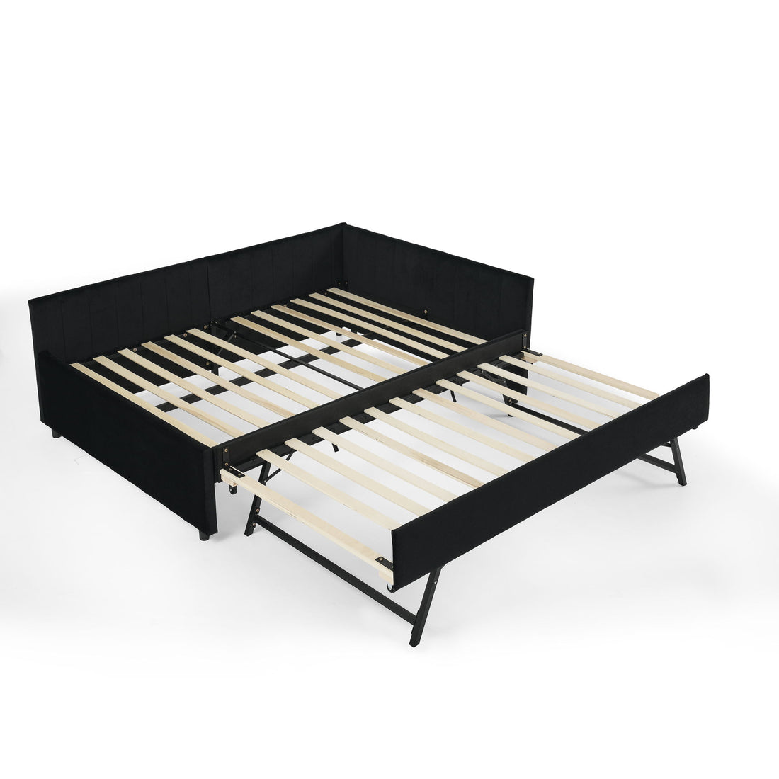 Full Size Upholstered Daybed With Trundle, Tufted Backrest And Armrests - Black