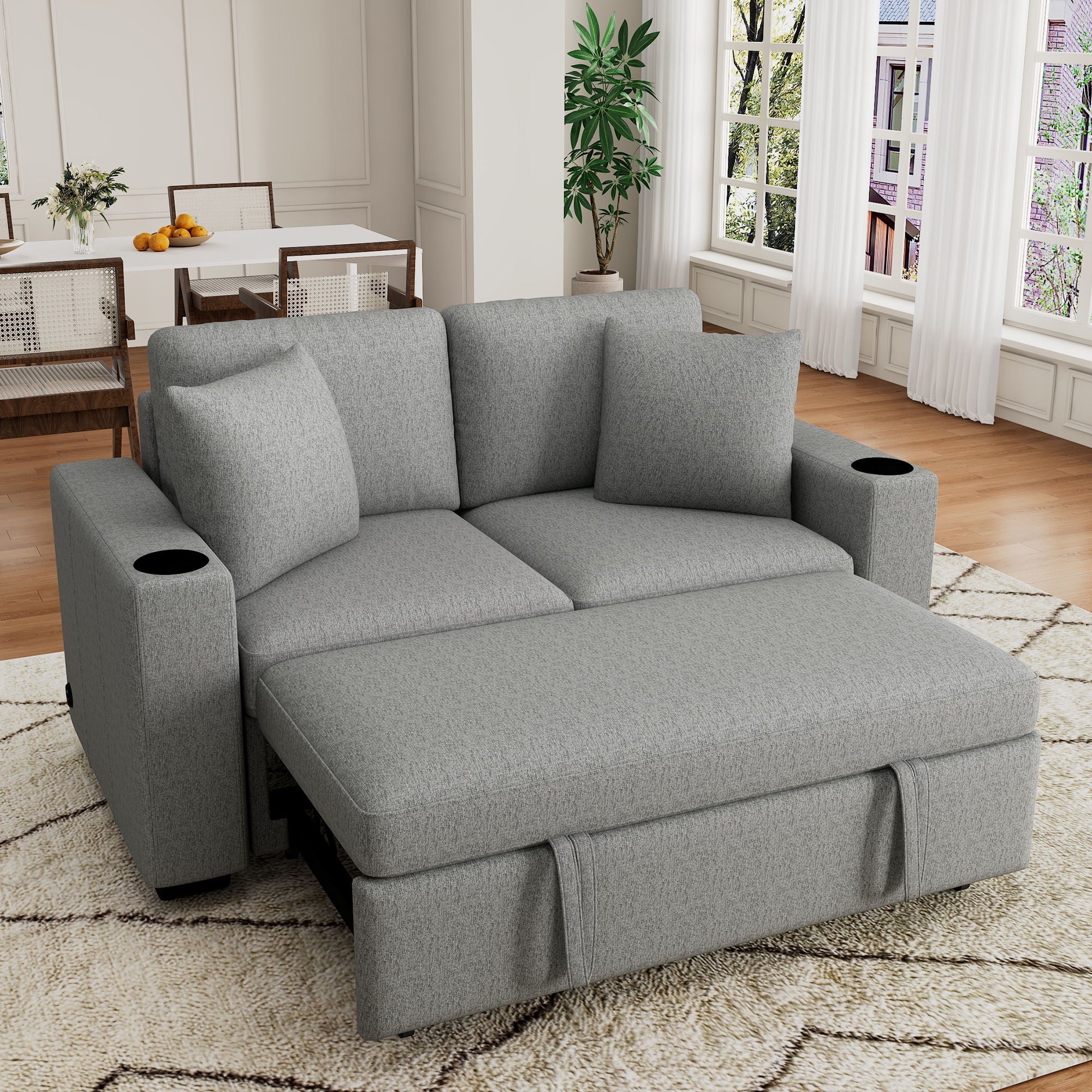Modern 2 Seater Loveseat Sofa With Pull-Out Bed, Fabric, Built-In USB Ports &amp; Cup Holders