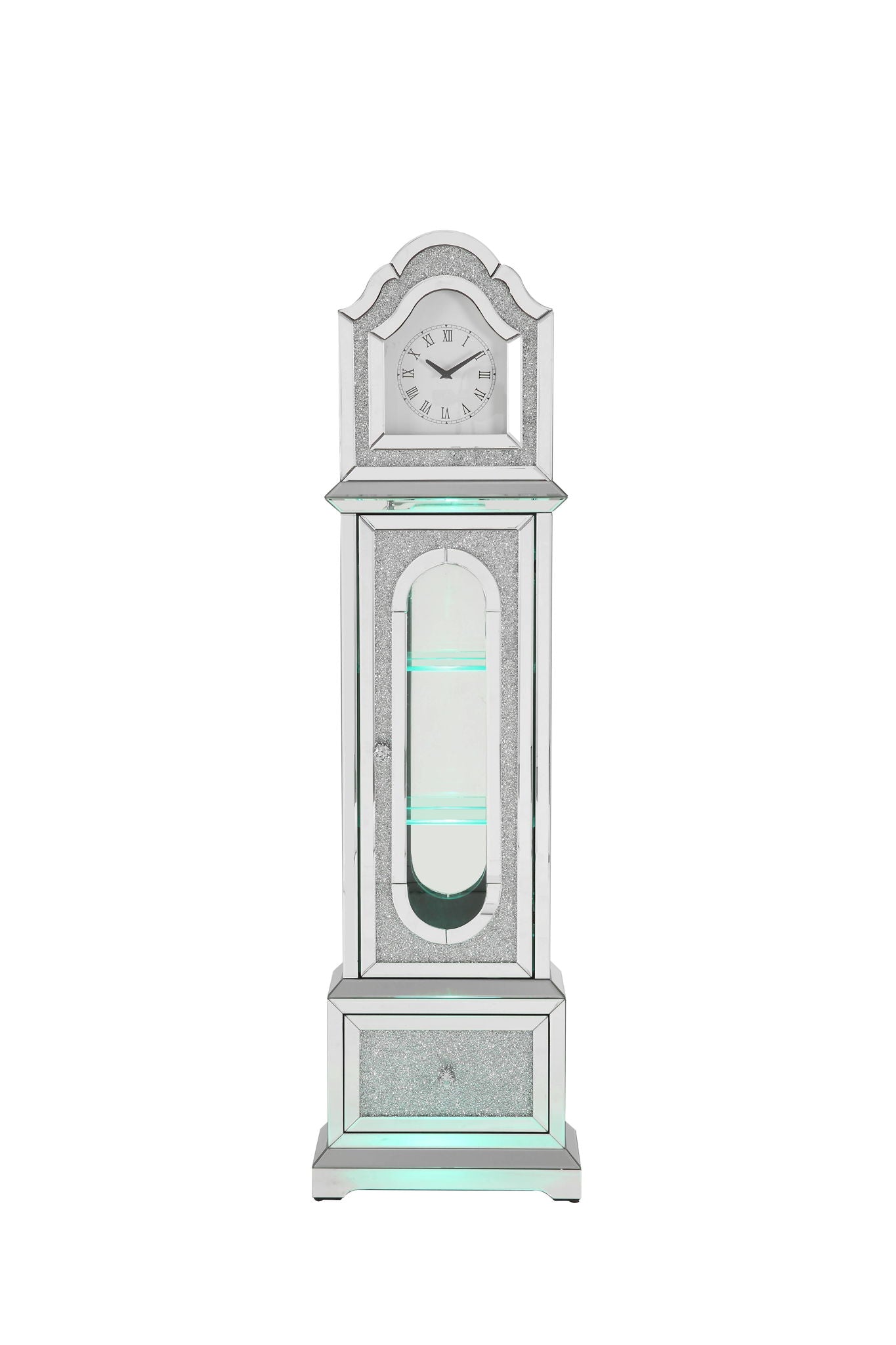 Noralie - Mirrored &amp; Faux Diamonds Grandfather Clock With LED - Silver Gray