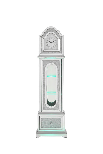 Noralie - Mirrored &amp; Faux Diamonds Grandfather Clock With LED - Silver Gray