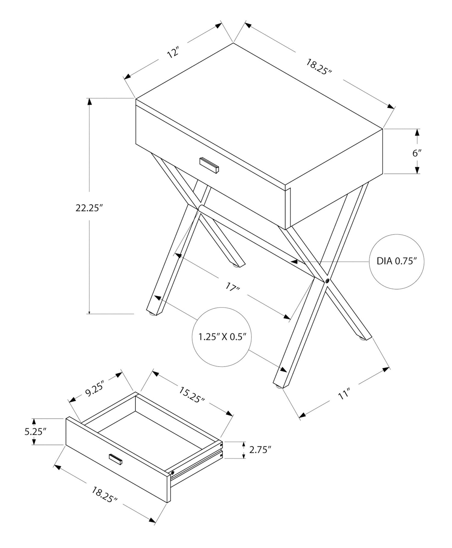 Accent Side X Table, Storage Drawer, Contemporary &amp; Modern
