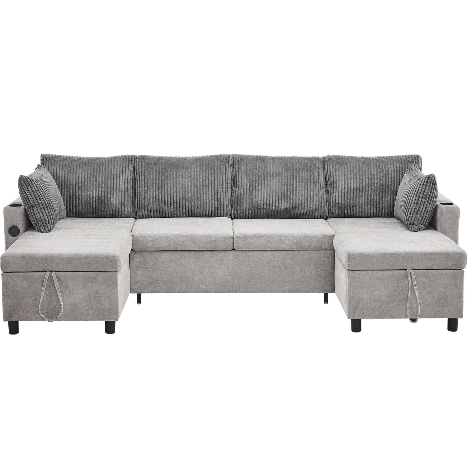 Sectional Sofa Bed With Pull Out Sleeper, USB Ports, Cup Holders