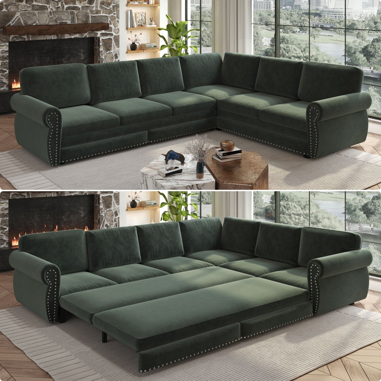 L-Shaped Sofa Couch With Pull Out Bed With Nailhead Trim &amp; Rolled Arm