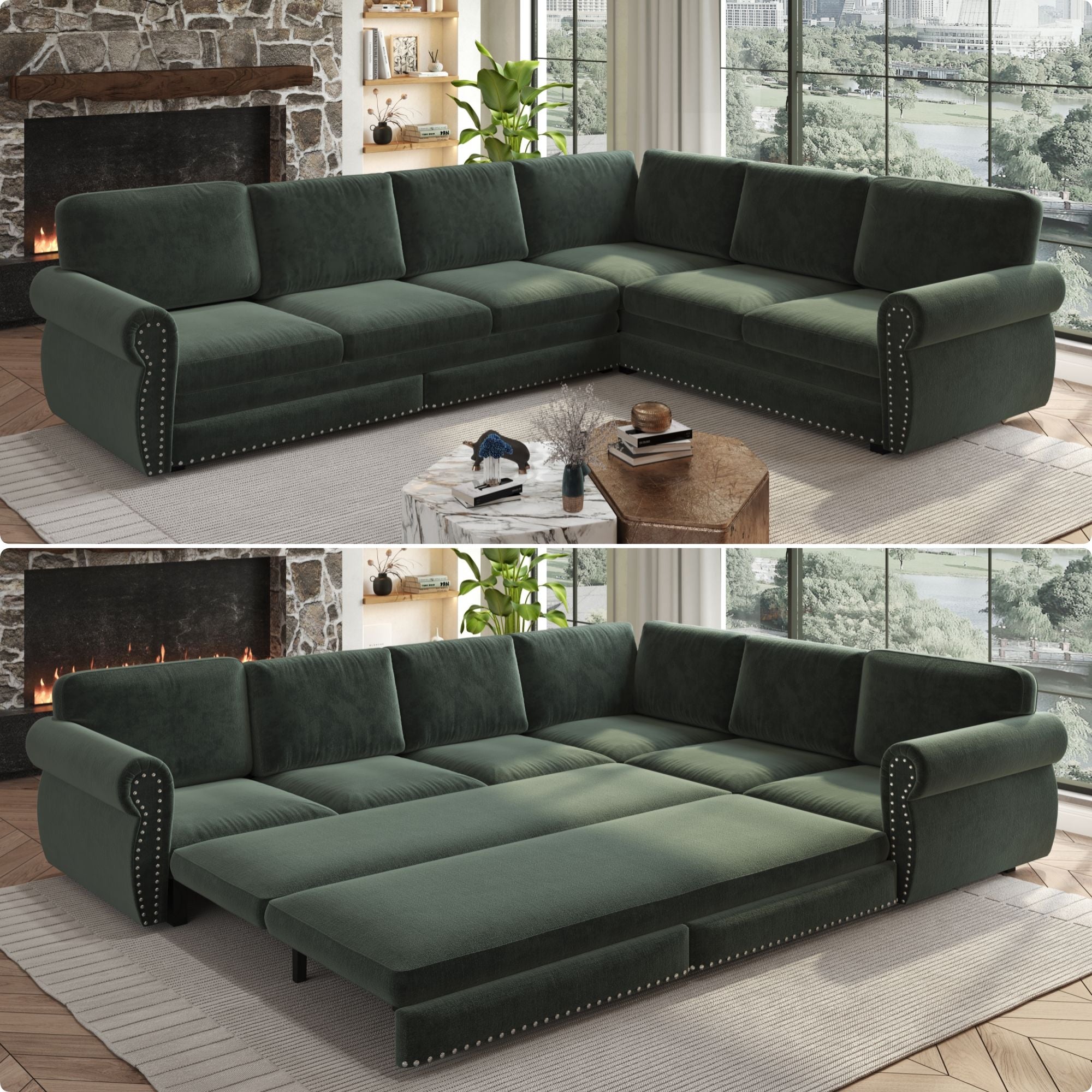 L-Shaped Sofa Couch With Pull Out Bed With Nailhead Trim &amp; Rolled Arm