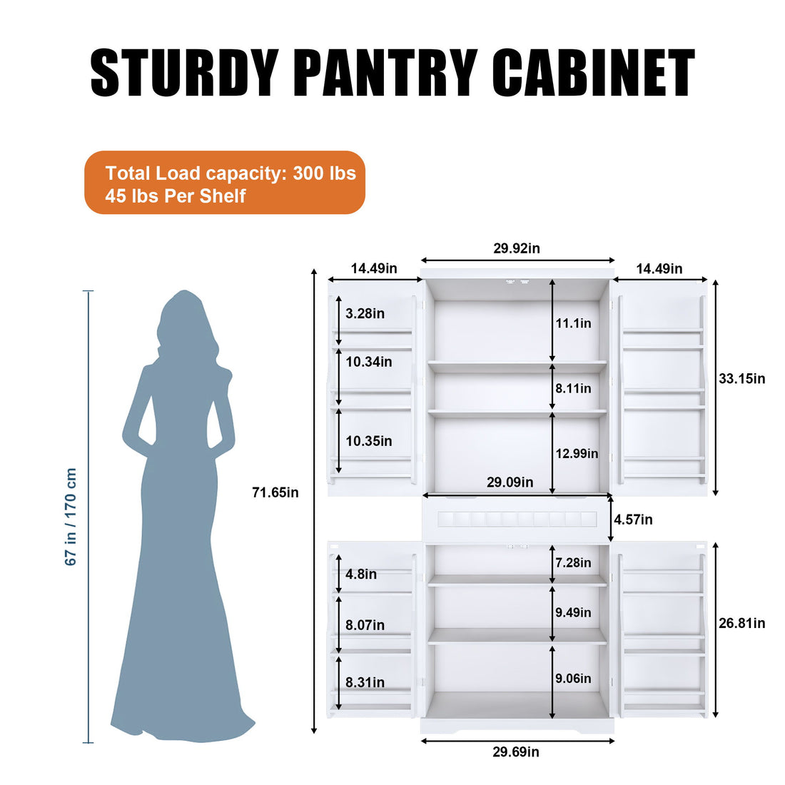 Farmhouse Style Pantry Cabinet With Drawer 2 Cabinets &amp; 6 Door Shelves Adjustable Shelves Freestanding Cupboard - White