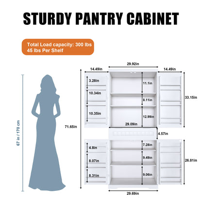 Farmhouse Style Pantry Cabinet With Drawer 2 Cabinets &amp; 6 Door Shelves Adjustable Shelves Freestanding Cupboard - White