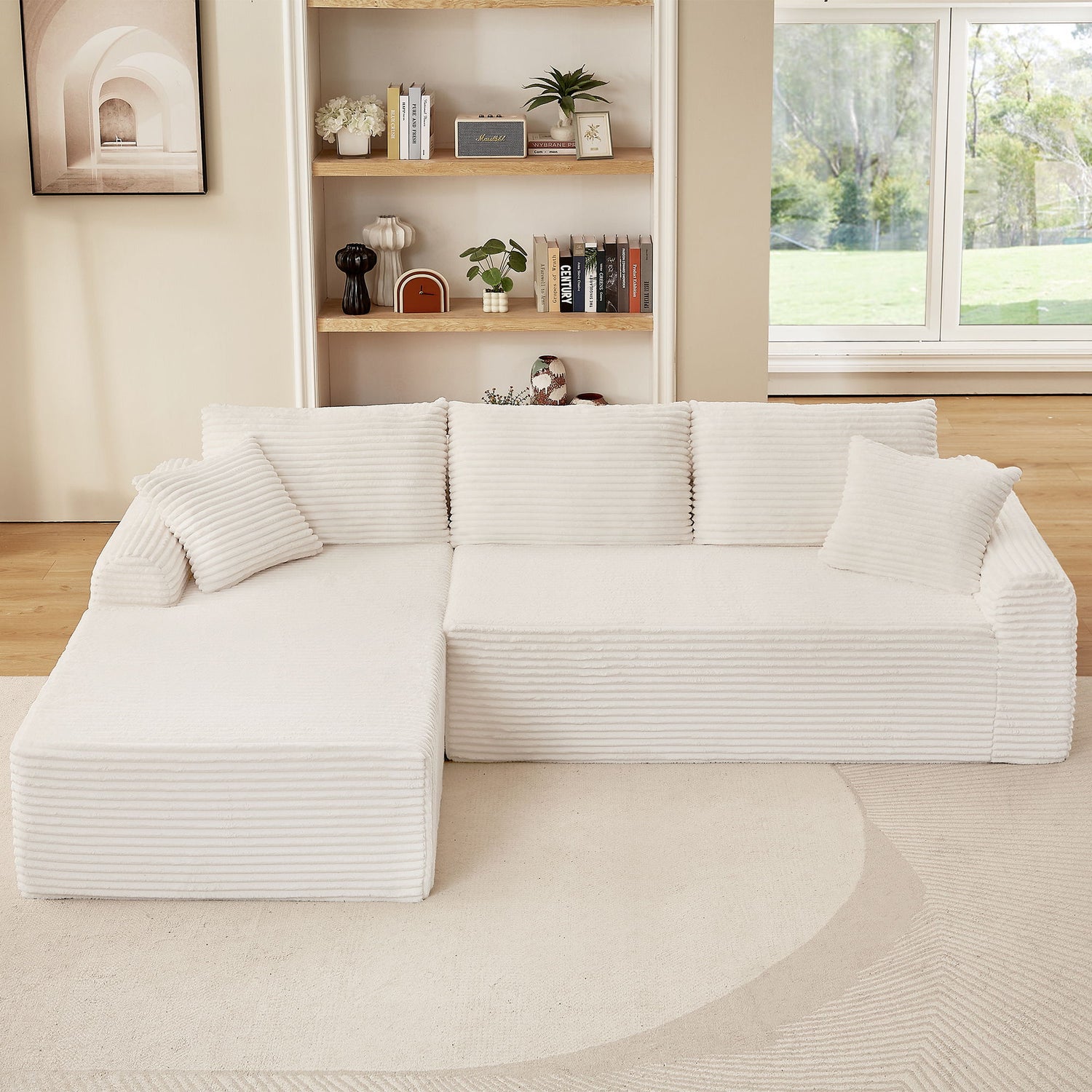 Modular Corduroy Sectional With Arched Armrests, Includes 3 Back Cushions &amp; 2 Throw Pillows