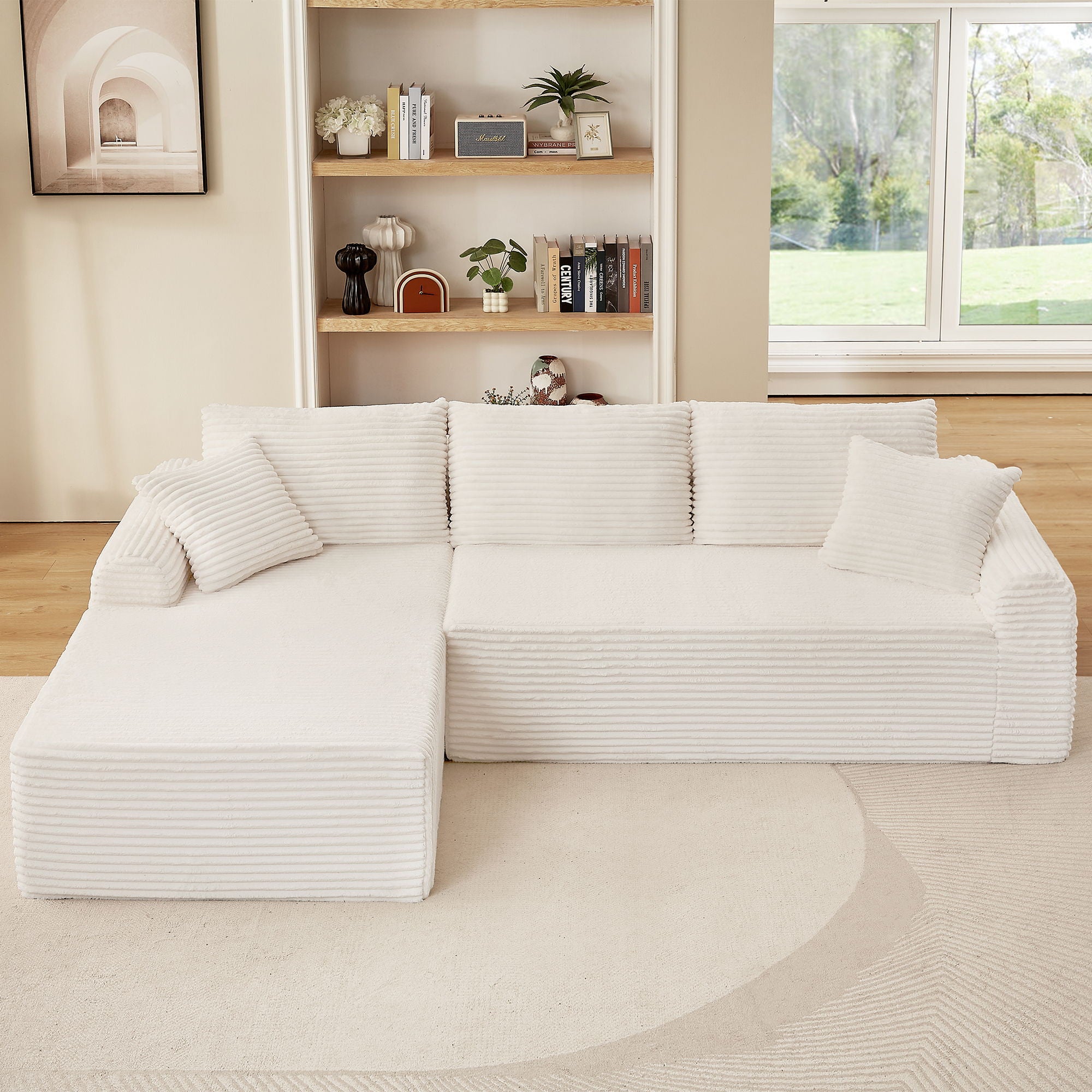 Modular Corduroy Sectional With Arched Armrests, Includes 3 Back Cushions &amp; 2 Throw Pillows