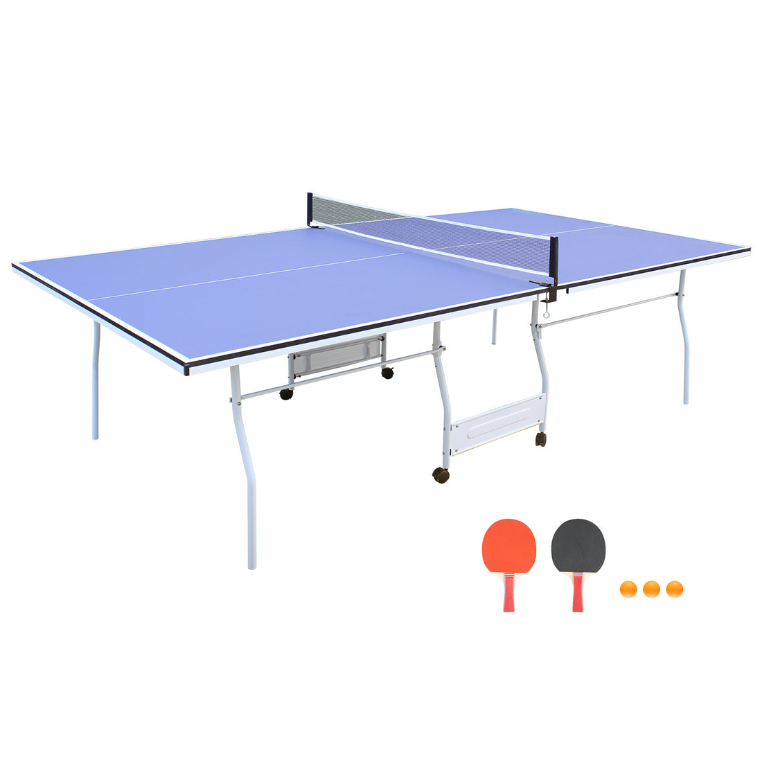 9ft Mid-Size Table Tennis Table Foldable &amp; Portable Ping Pong Table Set for Indoor Games with Net, 2 Table Tennis Paddles and 3 Balls