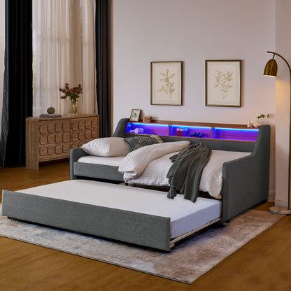 Upholstered Sofa Bed With LED Lights, Storage Headboard, Foldable Trundle &amp; Wireless Charging