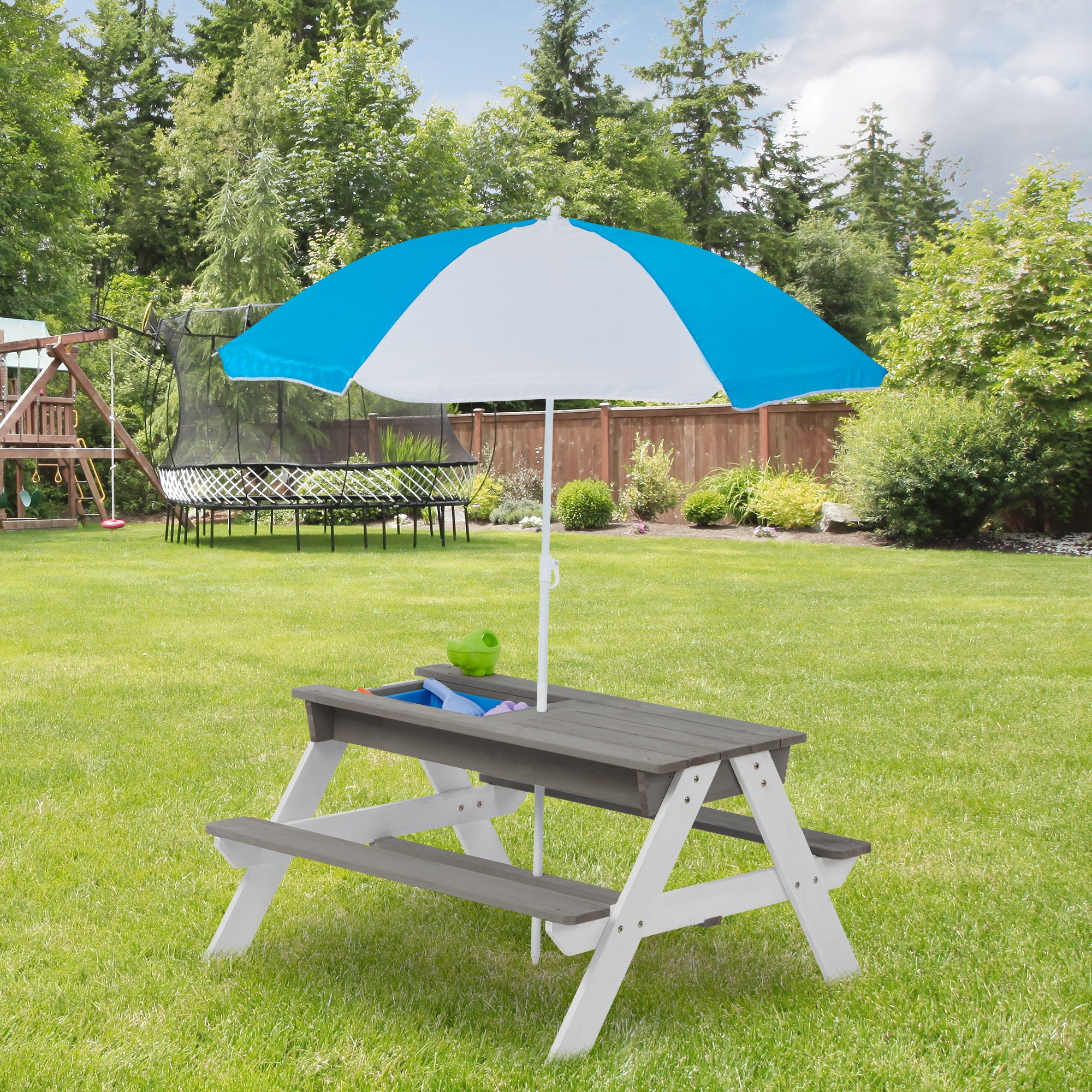 3-In-1 Kids Outdoor Wooden Picnic Table With Umbrella, Convertible Sand &amp; Water, ASTM &amp; CPSIA Certification