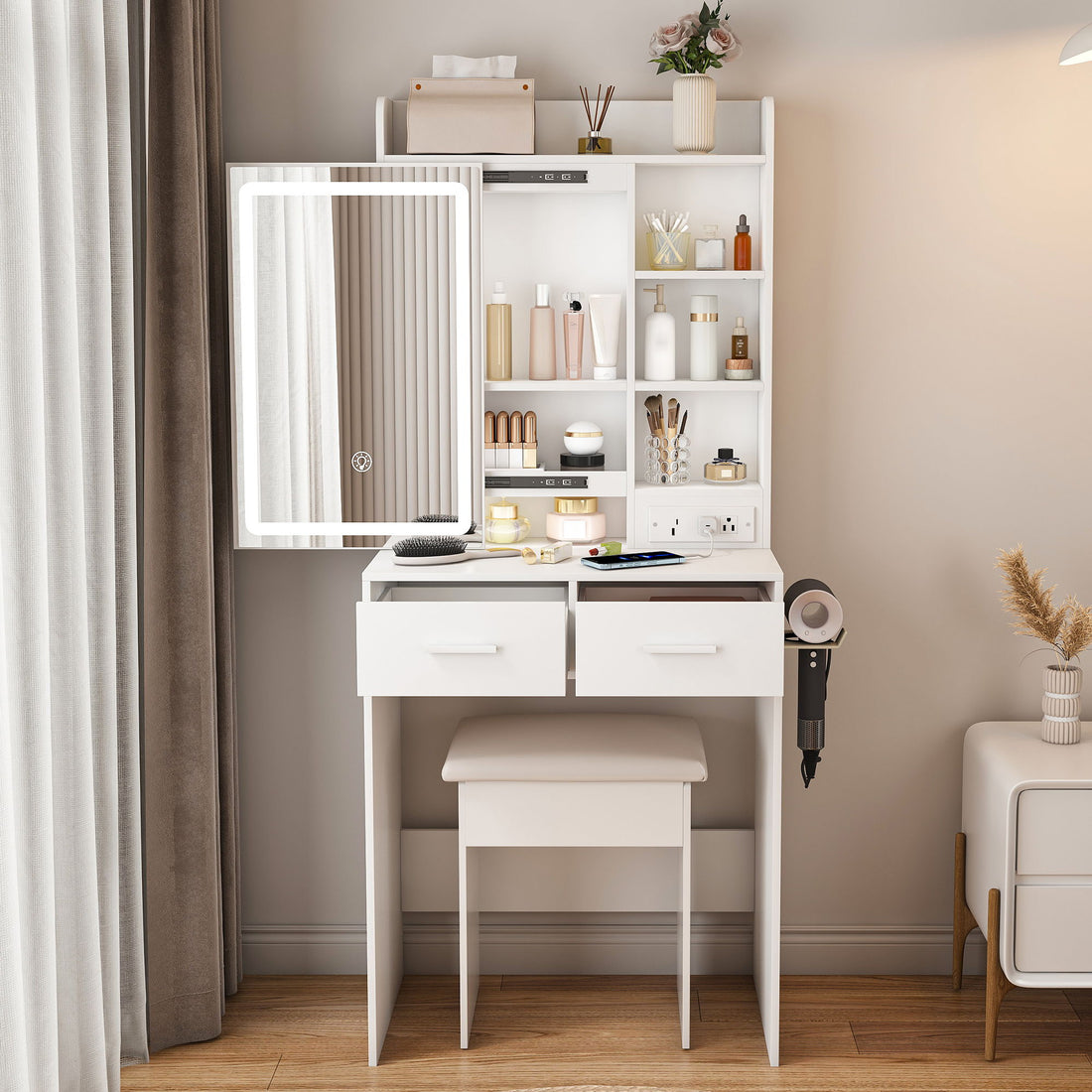 Space Saving Makeup Vanity Desk With Mirror &amp; Adjustable Led Lights, Built-In Power Outlet, Hidden Storage, Includes Stool &amp; Shelf - White