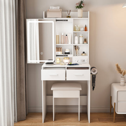 Space Saving Makeup Vanity Desk With Mirror &amp; Adjustable Led Lights, Built-In Power Outlet, Hidden Storage, Includes Stool &amp; Shelf - White