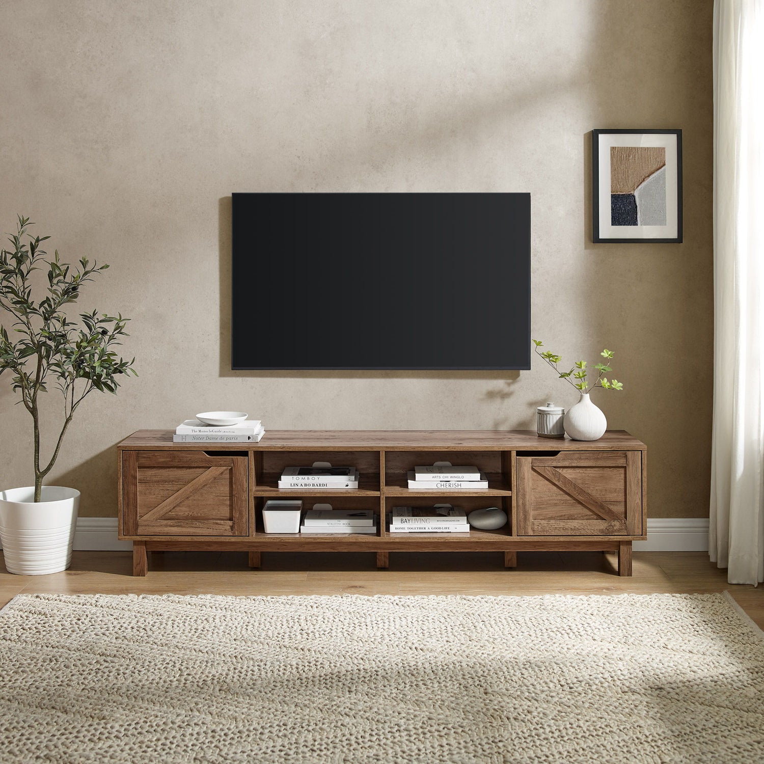 Rustic Barndoor Open-Storage TV Stand For TVs Up To 80&quot;