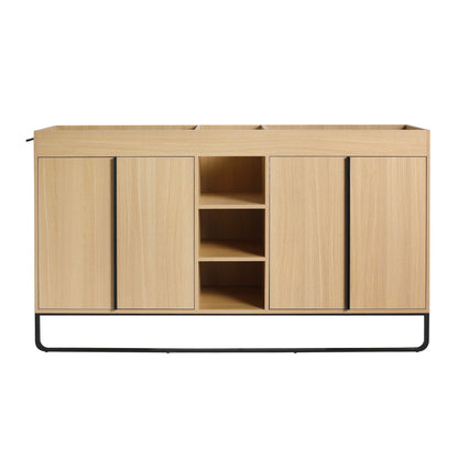 58" Freestanding Bathroom Cabinet With 4 Soft Close Doors &amp; 3 Open Racks (Vanity Only, No Sink) - Oak