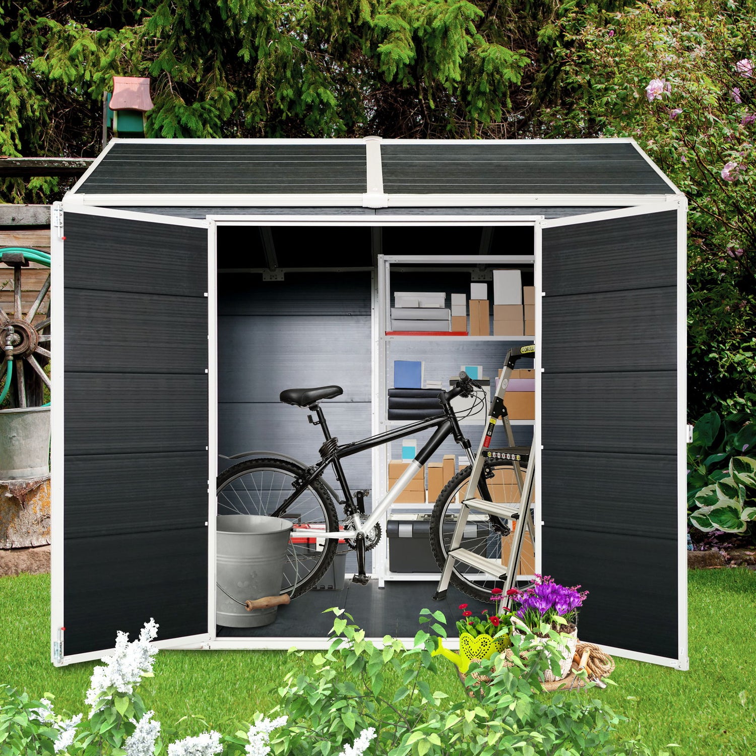 Resin Outdoor Storage Shed Waterproof Shed With Floor &amp; Two Windows &amp; Lockable Door, Tool Shed For Garden, Patio, Backyard