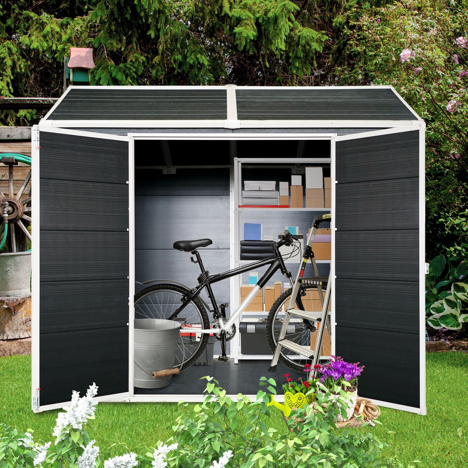 Resin Outdoor Storage Shed Waterproof Shed With Floor &amp; Two Windows &amp; Lockable Door, Tool Shed For Garden, Patio, Backyard