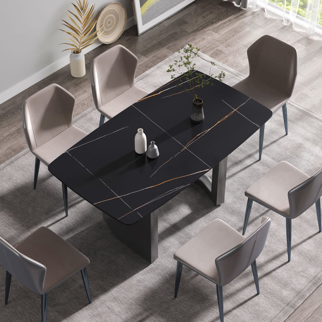 63&quot; Modern Artificial Stone Black Curved Black Metal Leg Dining Table, 6 People - Black