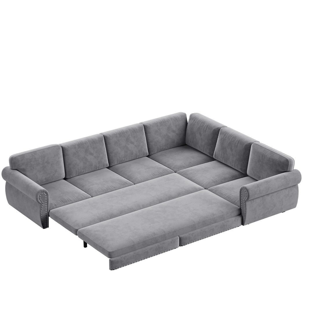 L-Shaped Sofa Couch With Pull Out Bed With Nailhead Trim &amp; Rolled Arm