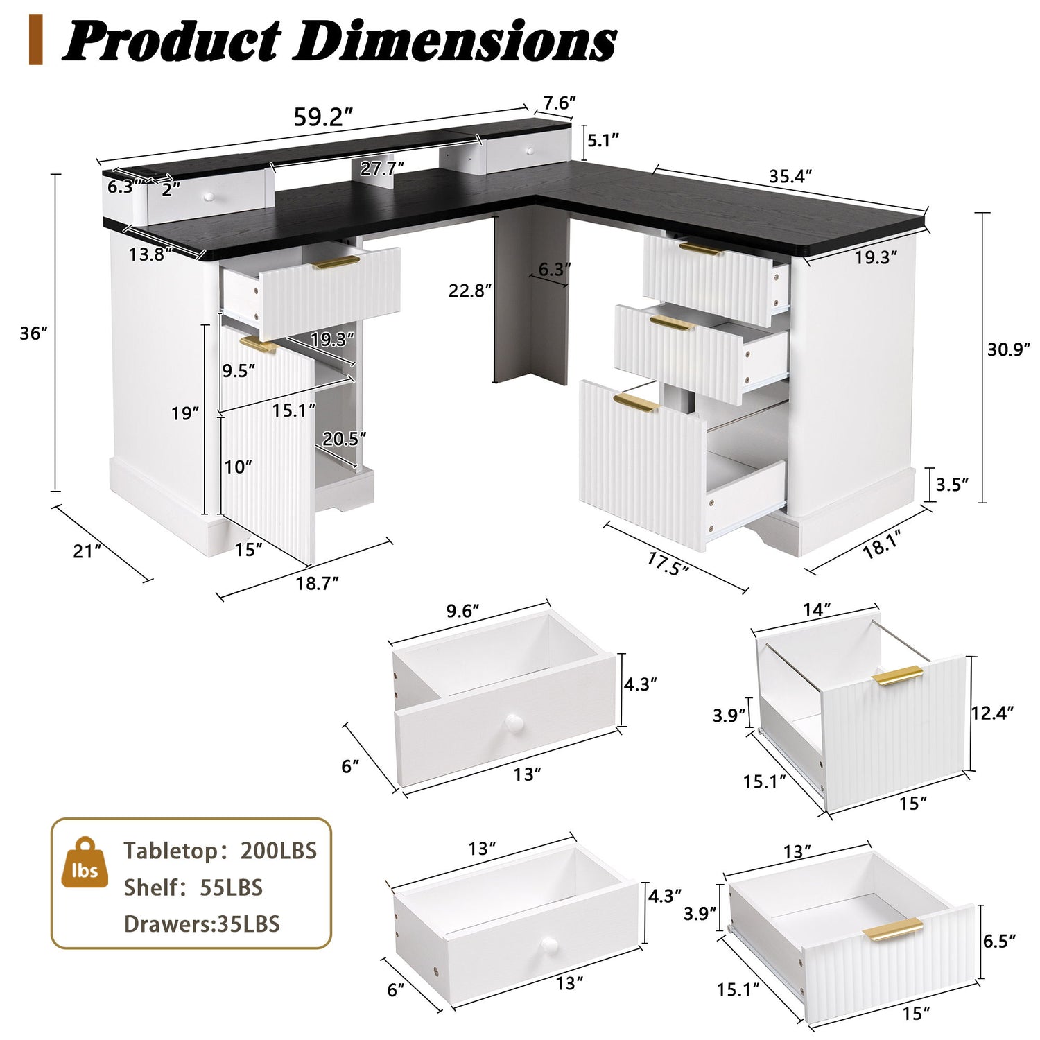 Fluted L-Shaped Desk With Charging Station &amp; Storage Cabinet