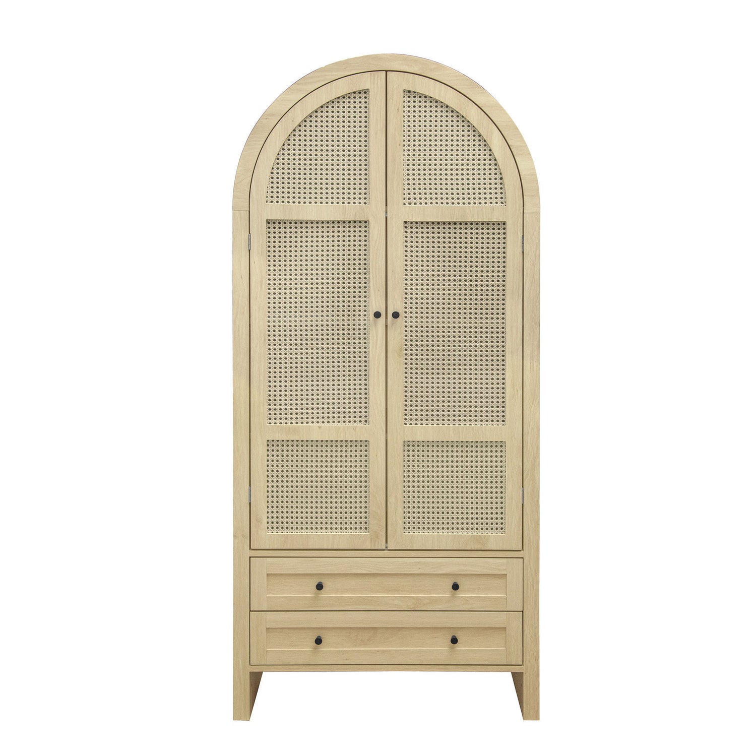 Tall Arched Kitchen Pantry, Arched Storage Display Cabinet With 2 Drawers &amp; Adjustable Shelves, Rattan Door Versatile Storage Cabinet For Kitchen, Dining Room, Living Room - Natural