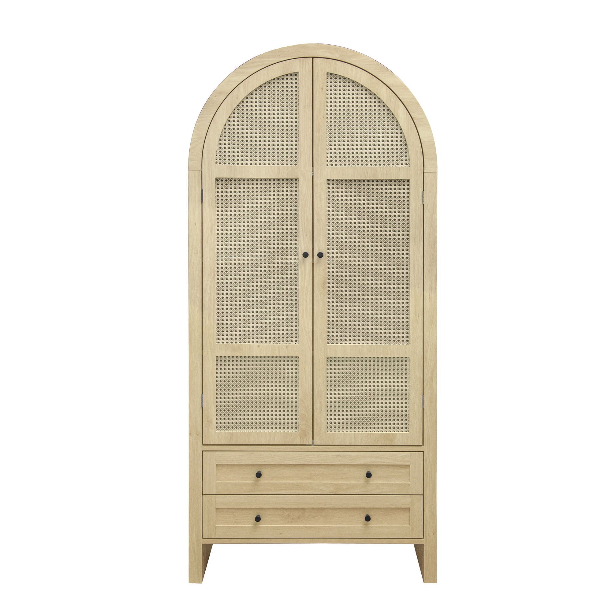 Tall Arched Kitchen Pantry, Arched Storage Display Cabinet With 2 Drawers &amp; Adjustable Shelves, Rattan Door Versatile Storage Cabinet For Kitchen, Dining Room, Living Room - Natural