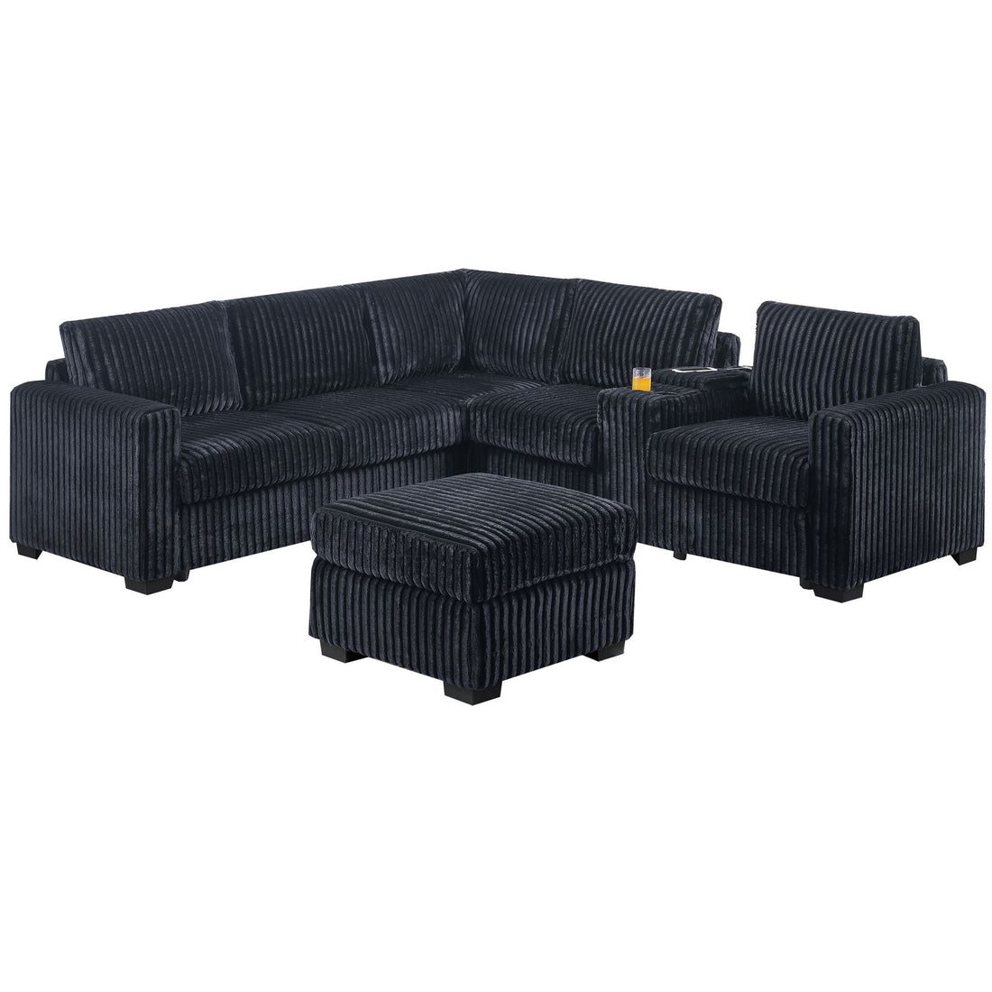 Contemporary L-Shaped Sectional Set With USB Console &amp; Ottoman