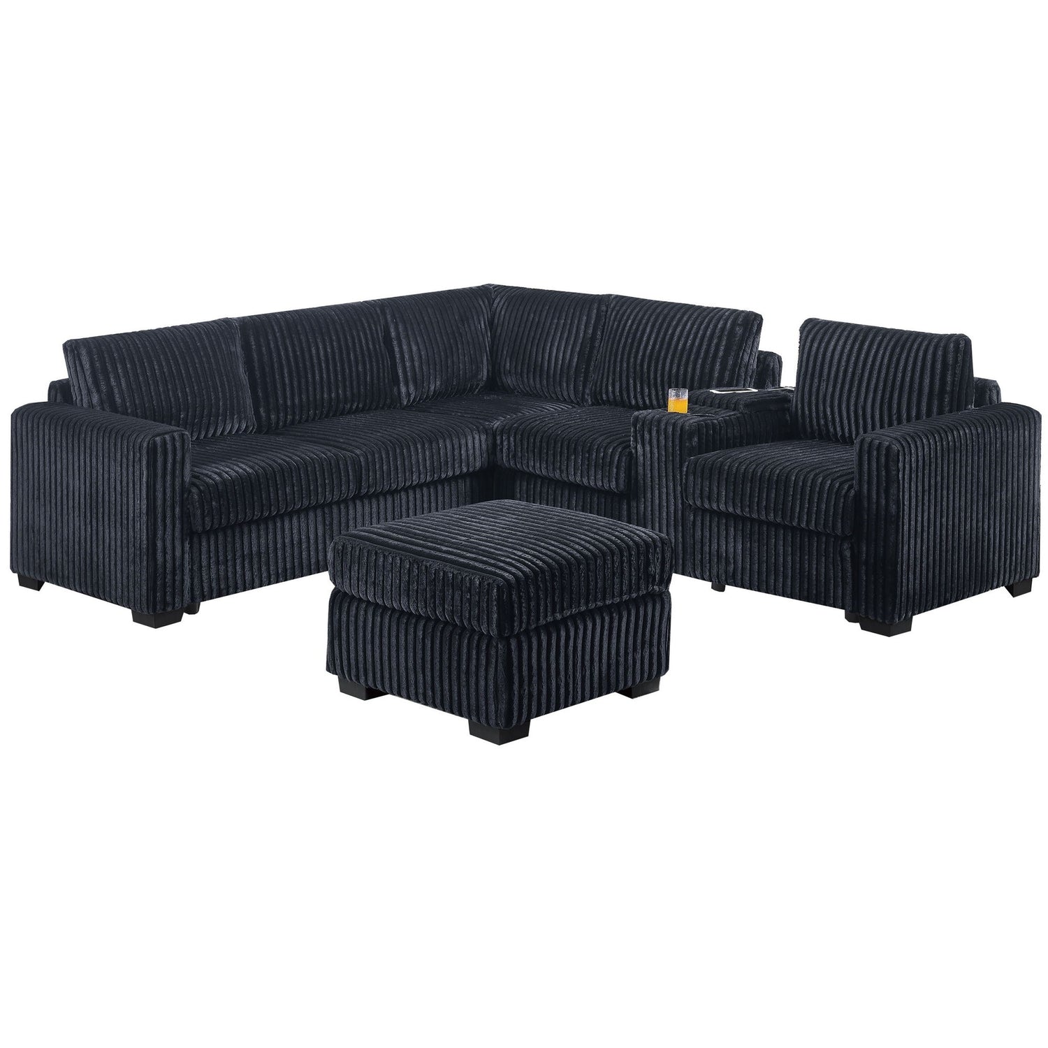 Contemporary L-Shaped Sectional Set With USB Console &amp; Ottoman