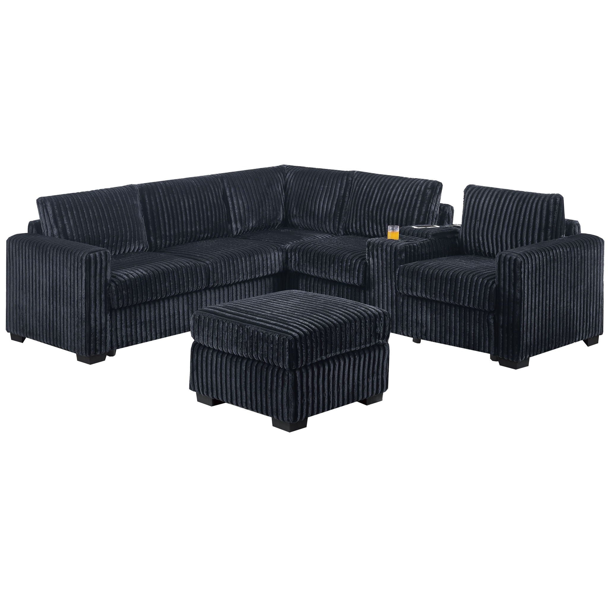 Contemporary L-Shaped Sectional Set With USB Console &amp; Ottoman