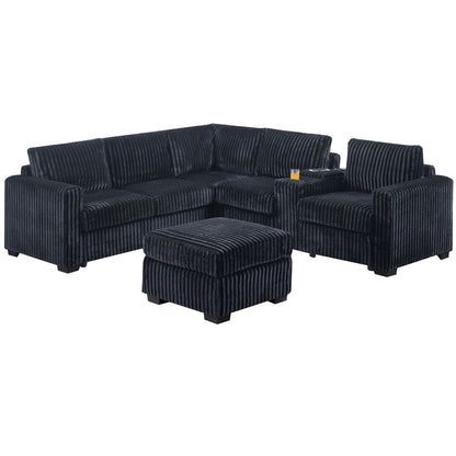 Contemporary L-Shaped Sectional Set With USB Console &amp; Ottoman