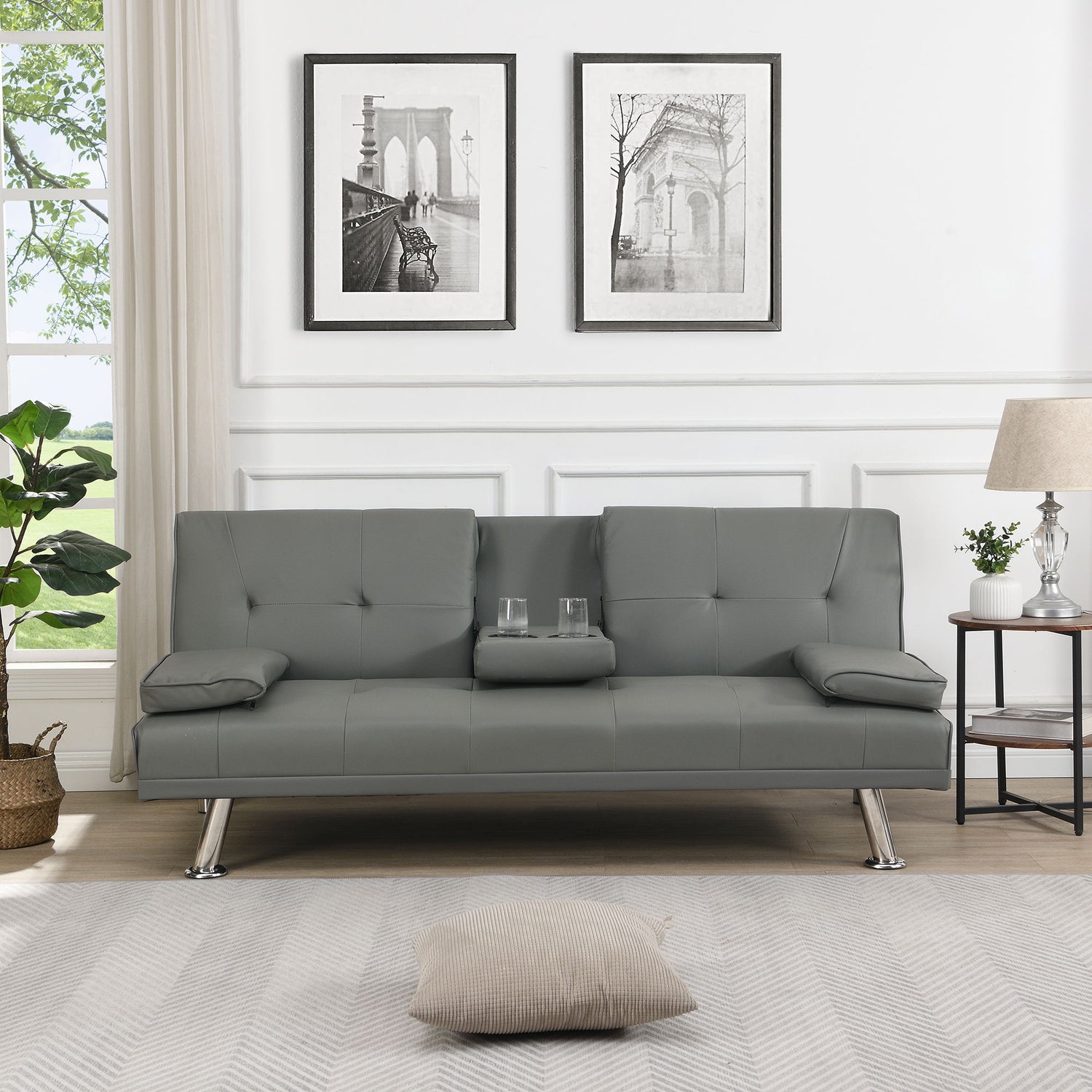 Modern Sofa Bed With Armrest 2 Holders, Wood Frame &amp; Stainless Leg