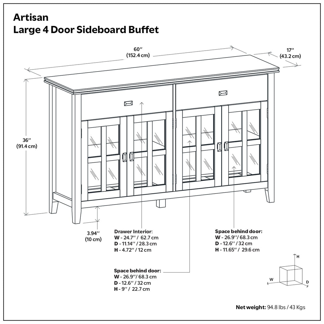 Artisan - Large 4 Door Sideboard Buffet - Brown