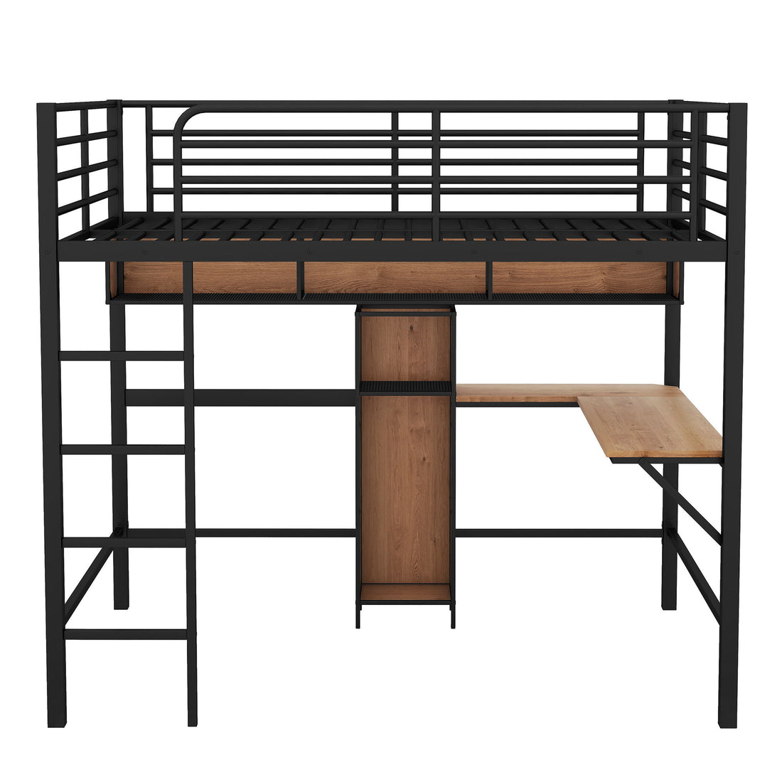 Full Size &amp; Loft Bed With L-Shaped Desk And Shelves - Black