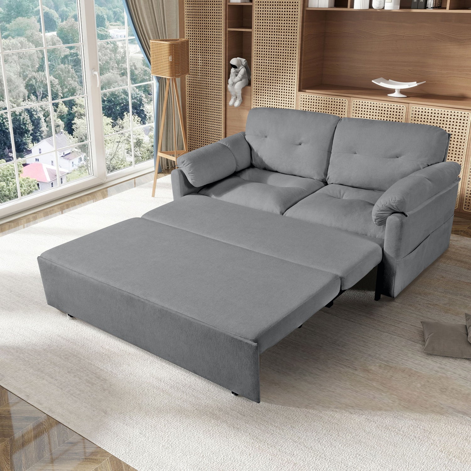Modern Convertible Sleeper Sofa Bed With Pull-Out Queen Design, Side Storage &amp; Thick Cushions
