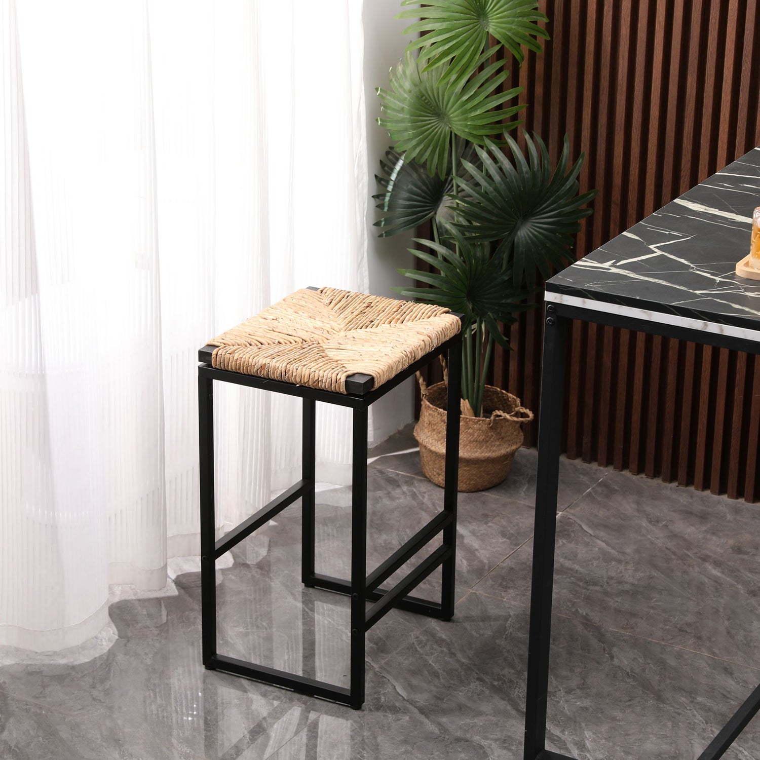 25&quot; Height Backless Water Hyacinth Woven Bar Stools With Footrest (Set of 2) - Natural