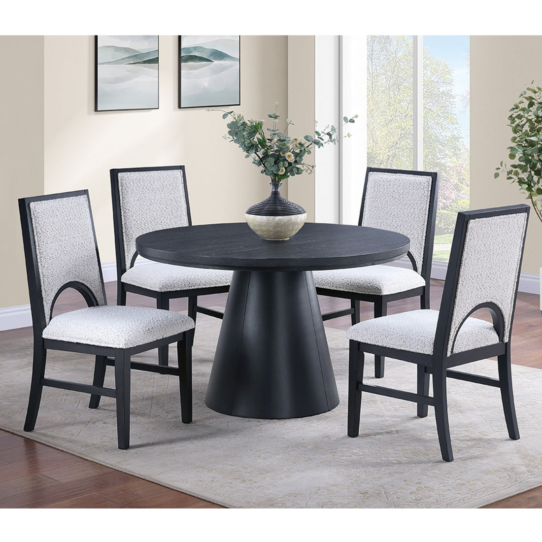 5 Piece Round Dining Set With Upholstered Chairs - Black / White