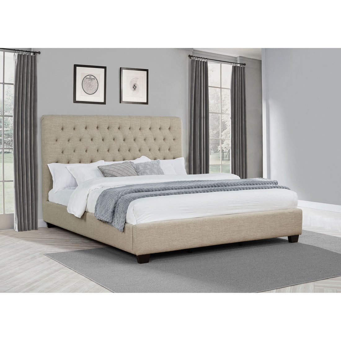 Upholstered California King Bed With Tufted Headboard And Birch Legs - Oatmeal