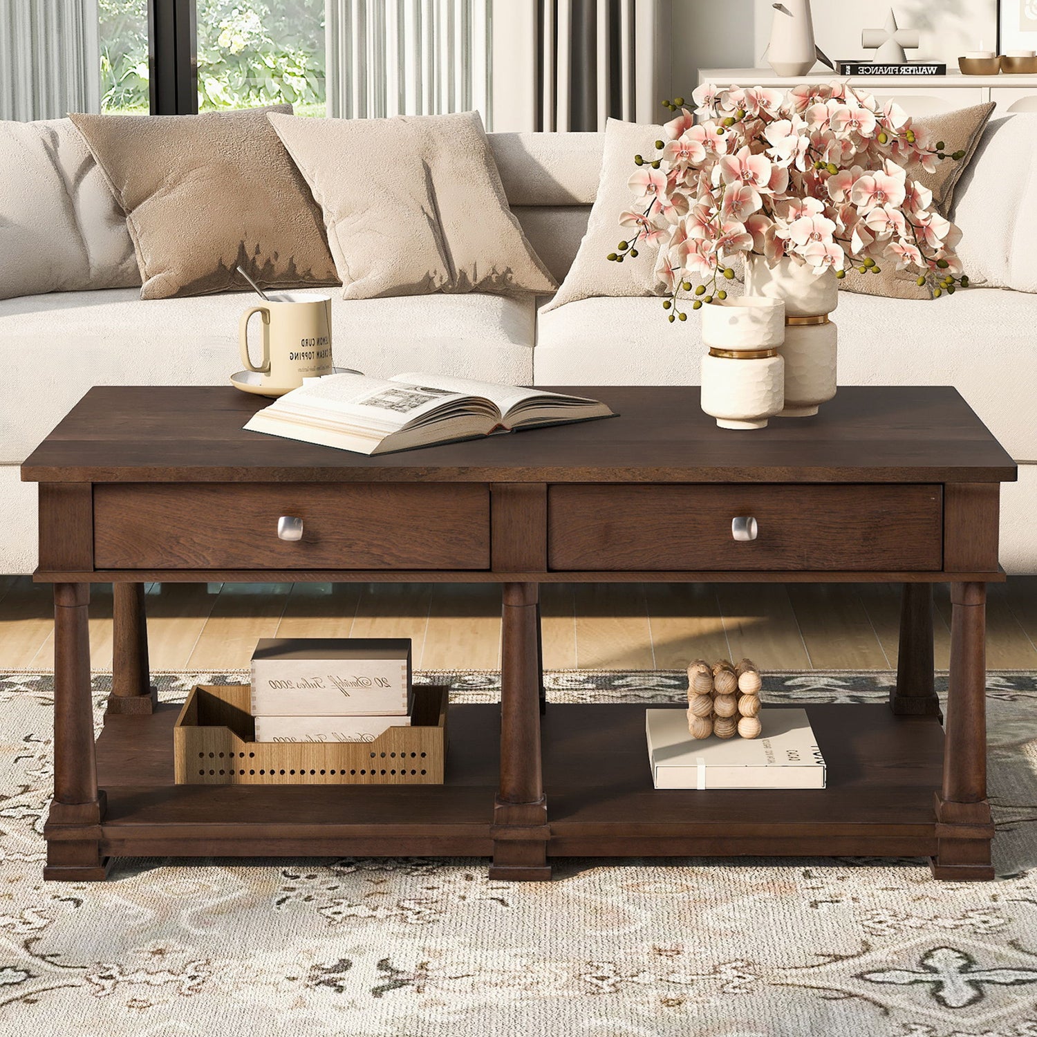 Coffee Table With 2 Storage Drawers &amp; Lower Open Shelf