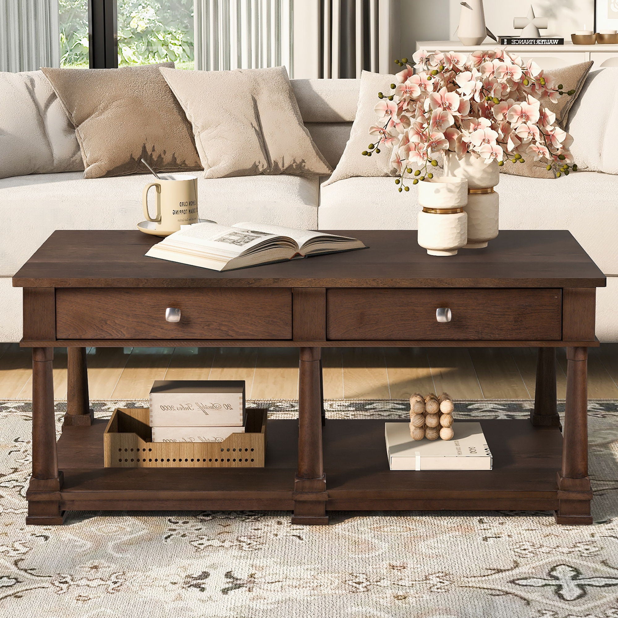 Coffee Table With 2 Storage Drawers &amp; Lower Open Shelf