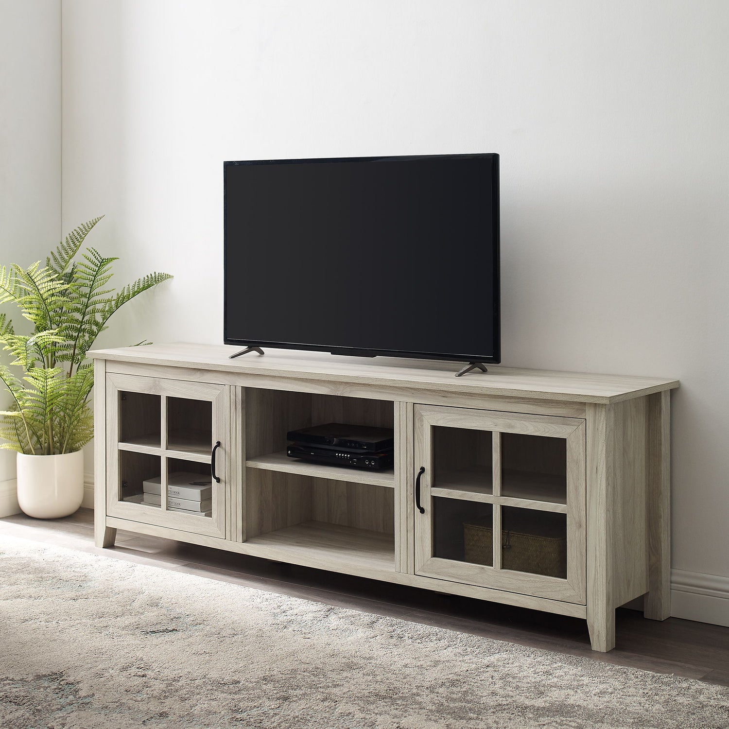 Modern Farmhouse 2 Door Glass Windowpane 70&quot; TV Stand For 80&quot; TVs